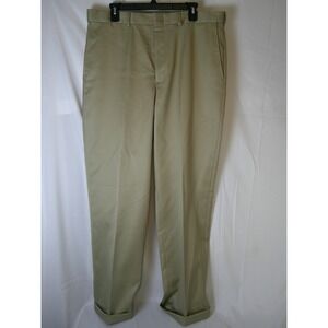 Lands End Traditional Fit Mens Khaki Cotton Pants Size 37x34 Pleated Cuffed